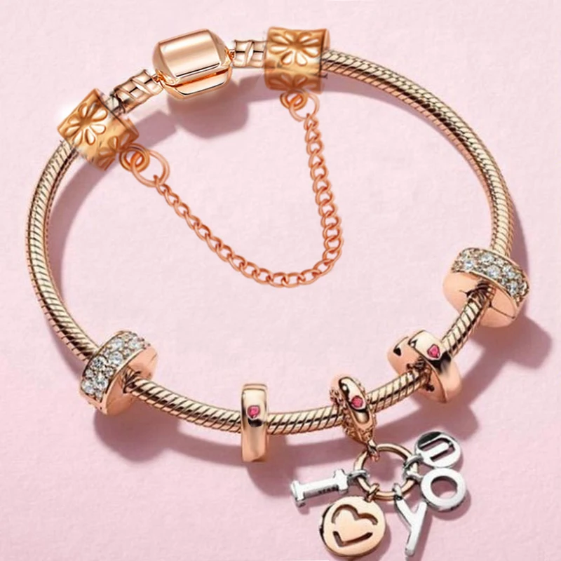 

2021 Rose Gold Charm Ladies Bracelets,DIY I LOVE You Pendant, Women Children's Bracelet Gifts,Brand Bracelet Direct Shipment