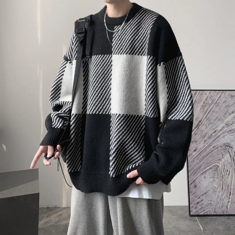 

Winter Oversized Plaid Sweater Men Warm Fashion Casual Knitted Pullover Men Loose Long Sleeve Sweater Mens Jumper Clothes M-XL