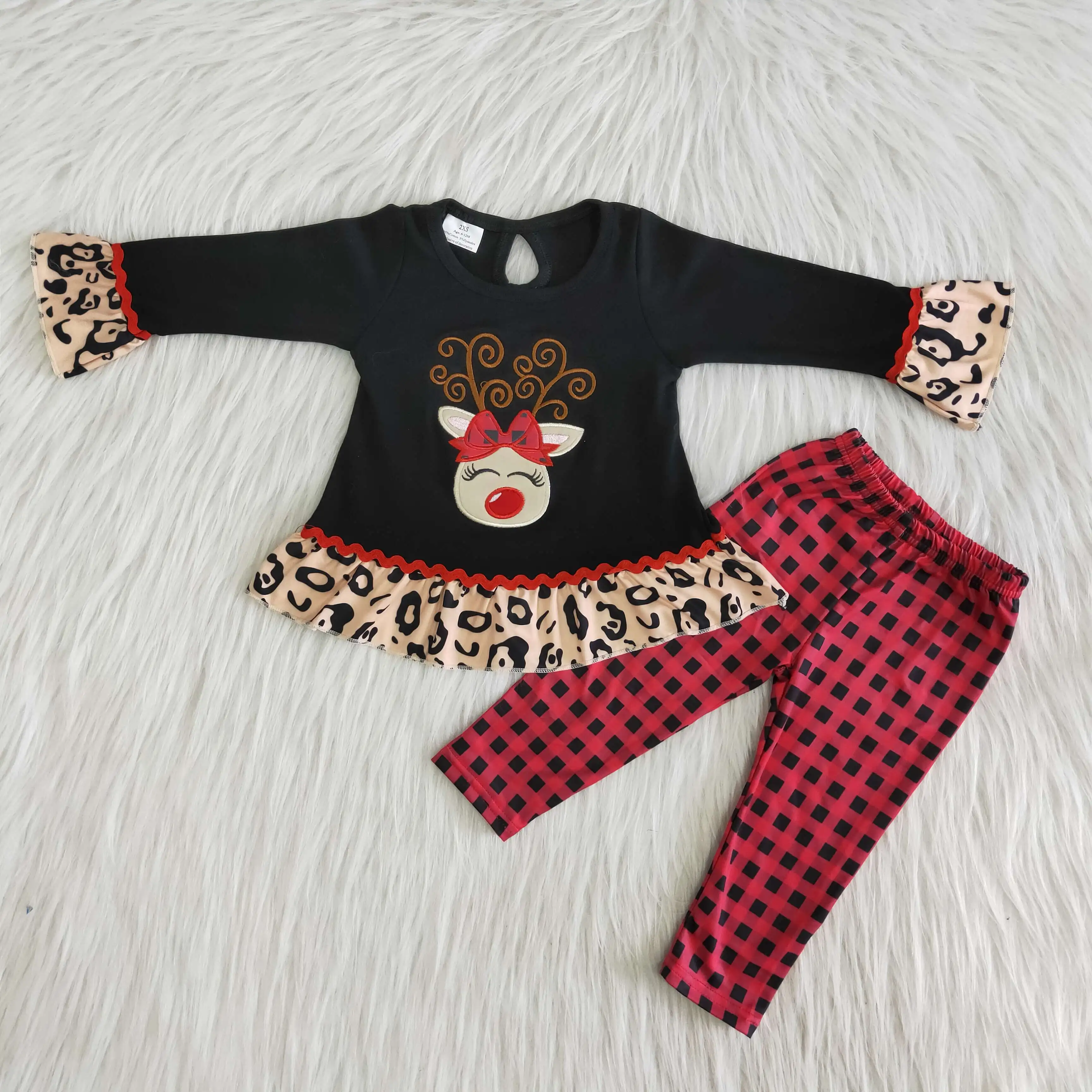 

2020 Christmas Children's Girl Set Cotton Embroidered Deer Pattern Red Cotton Straight Pants
