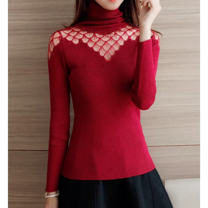 Sweater Women Turtleneck 2020 Autumn Winter New Style Pullover Lace Knitted Shirts Sexy See Through Splice Tops Sweaters Blusas | Женская