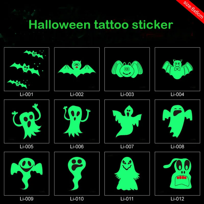 

Halloween tattoo sticker 6*6cm luminous pumpkin bat spider ghost pattern glow in the dark night body arm fake tattoo RA041