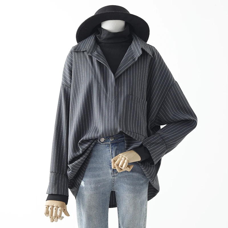 

False 2 Pieces Women Shirts Turtleneck Loose Striped Casual All Match Female Outwear Coats Tops