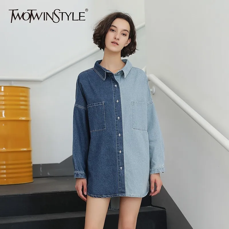 Женская блузка TWOTWINSTYLE с длинным рукавом ассиметричная в стиле пэчворк 2019|Блузки|