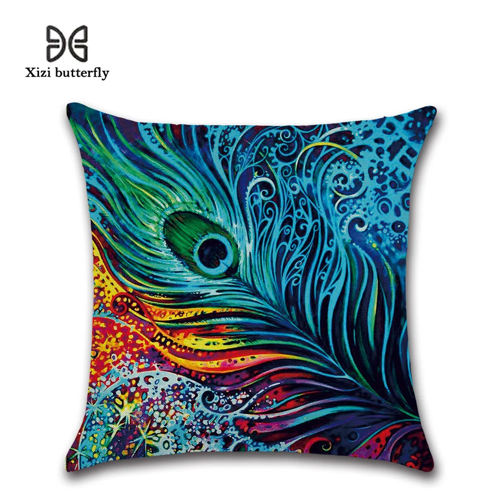 Декоративный Чехол-Подушка с павлиньими перьями и животными льняной