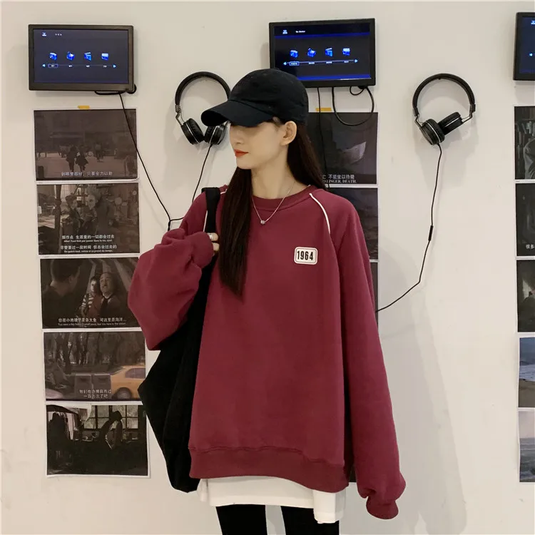 

XZ2442 2021 new Korean style loose lazy wind wild plus velvet pullover Sweatshirts women