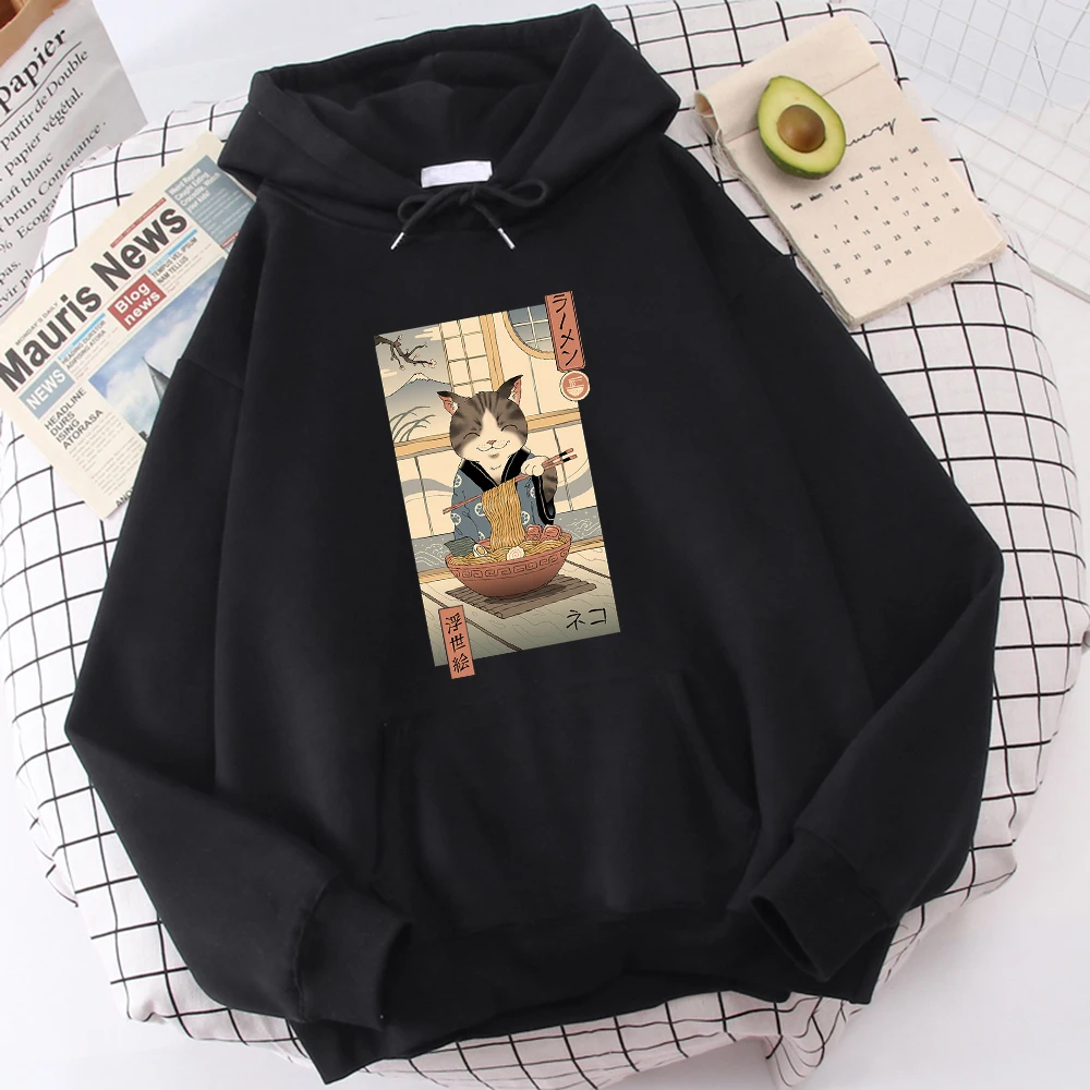 

Hot Sale Warm Casual Mens Hoodies Cat Eating Ramen Ukiyo-E Print Streetwearthick Fashion Men'S Hoody Oversize Comfortable Hooded