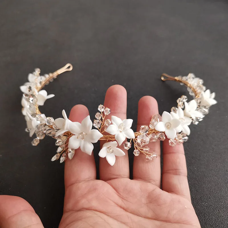 

SLBRIDAL Handmade Luxury Rhinestones Crystal Pearls Ceram Flower Bridal Tiara Wedding Bridesmaids Crown Women Hair Jewelry