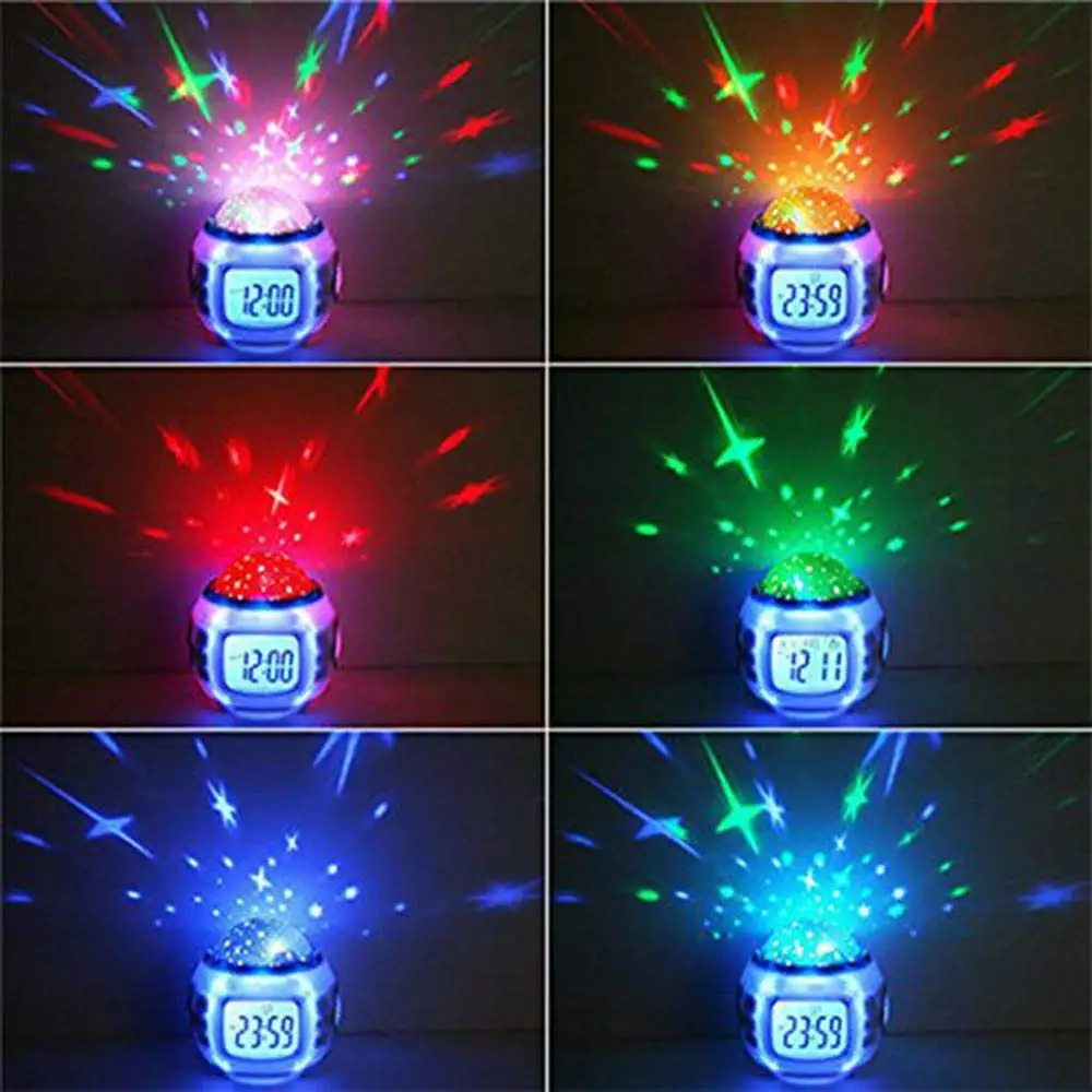Kids Digital Alarm Clock Projection with Colorful Star Sky Music Led Calendar Thermometer Rotating Lamp Gift Backlight | Дом и сад