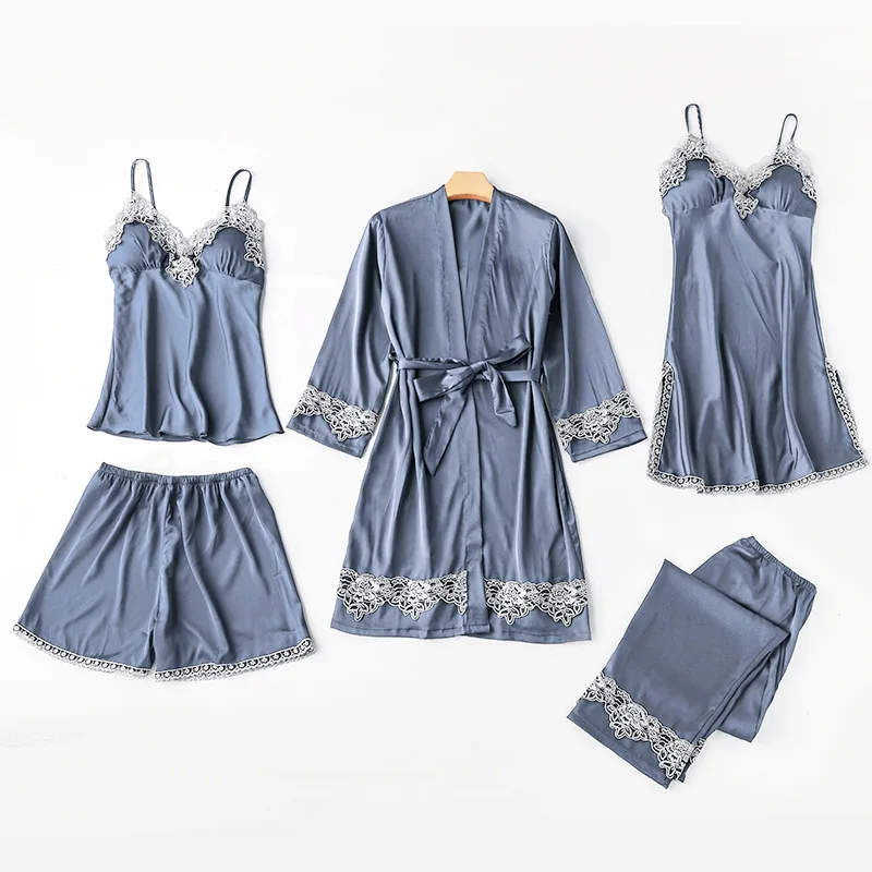 

Satin Lace Patchwork Robe Sleepwear Women Home Clothing Sexy 5pcs Kimono Bathrobe Gown White Nightwear Intimate Lingerie