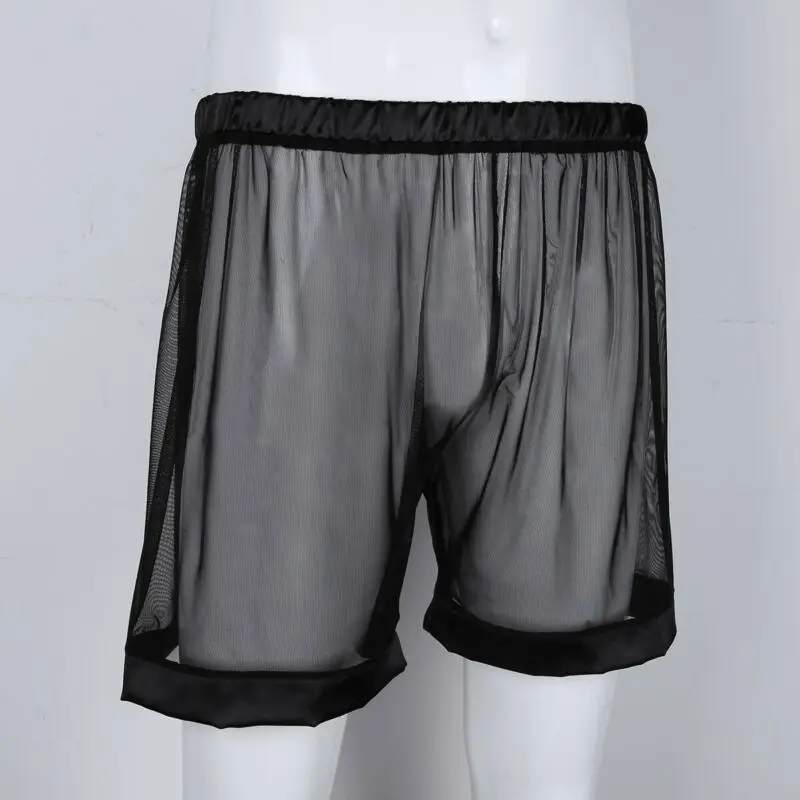 Black Mens Lingerie Hot Shorts Sleepwear See-through Mesh Loose style Sexy Male Lounge Boxer Shorts Nightwear images - 6