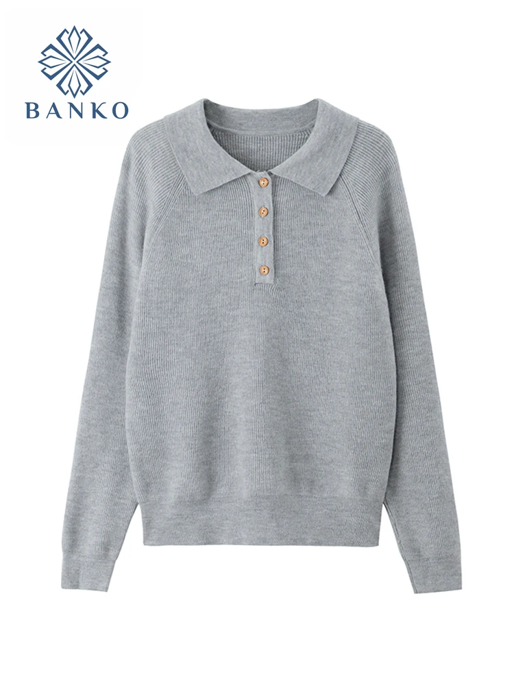 

Korean Women 2021 Fashion Loose Button Knitting Sweaters Vintage Long Sleeve Simple Solid Color Polo Collar Female Pullover Tops