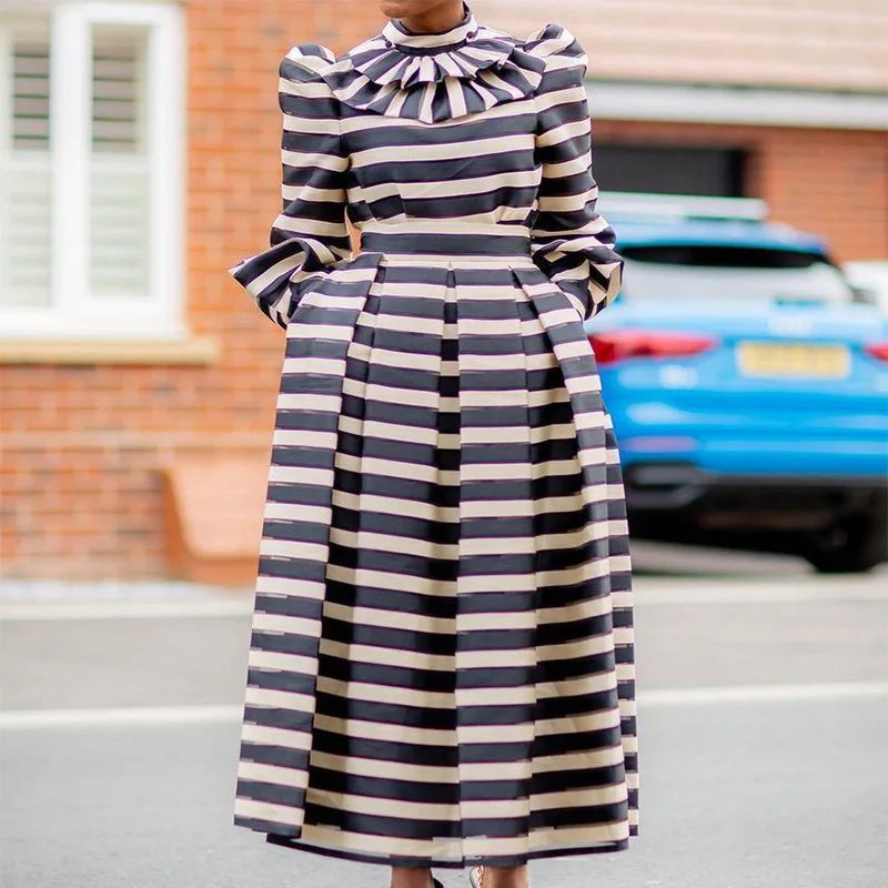 

Vintage Women Striped Dress Jumper Fall Winter Long Sleeve Turtleneck Puffy Long Dress Elegant Retro Dress