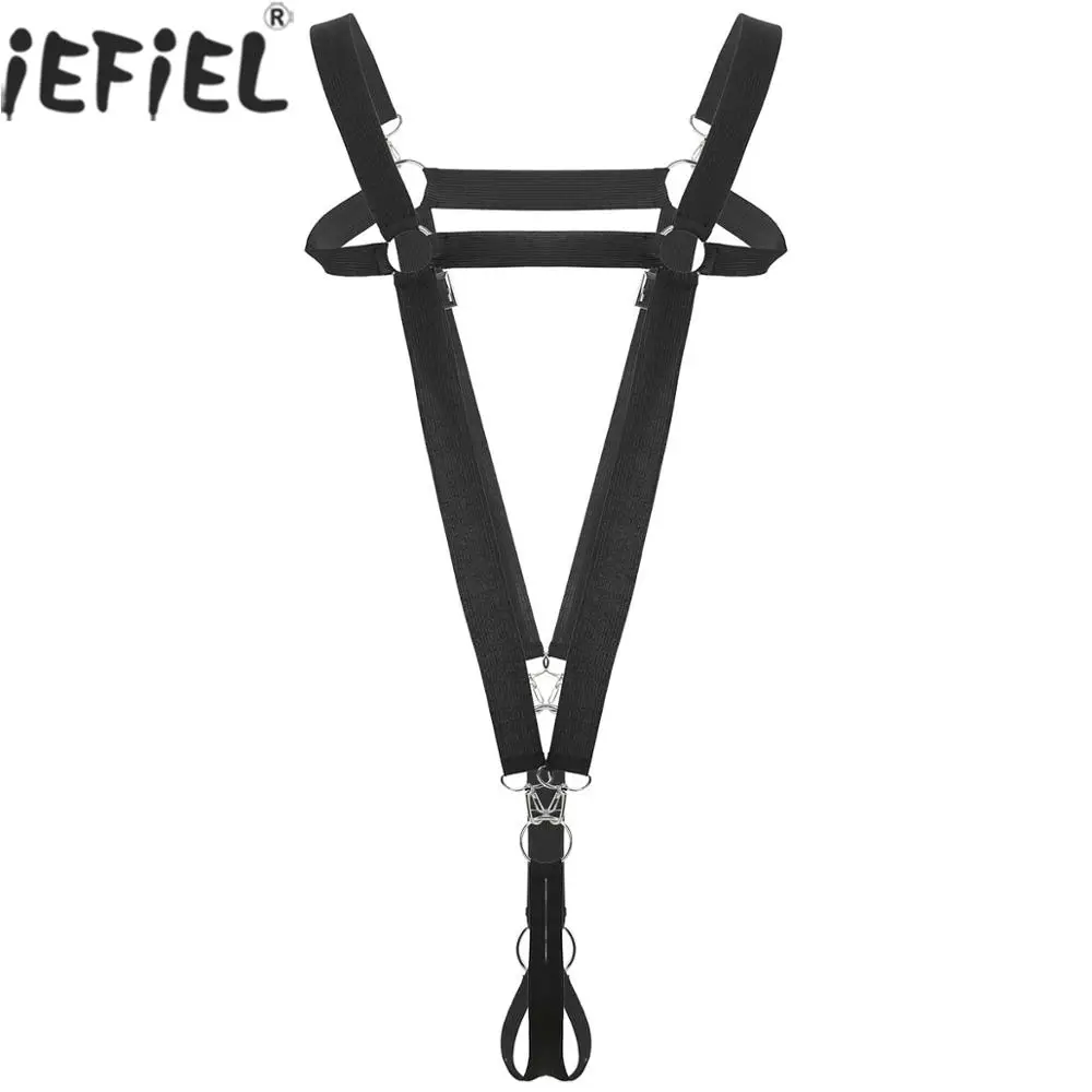 

Black Men Elastic Suspenders Underwear with Metal Cock Ring Adjustable Body Chest Harness Belts Body Cage Cosplay Club Costumes