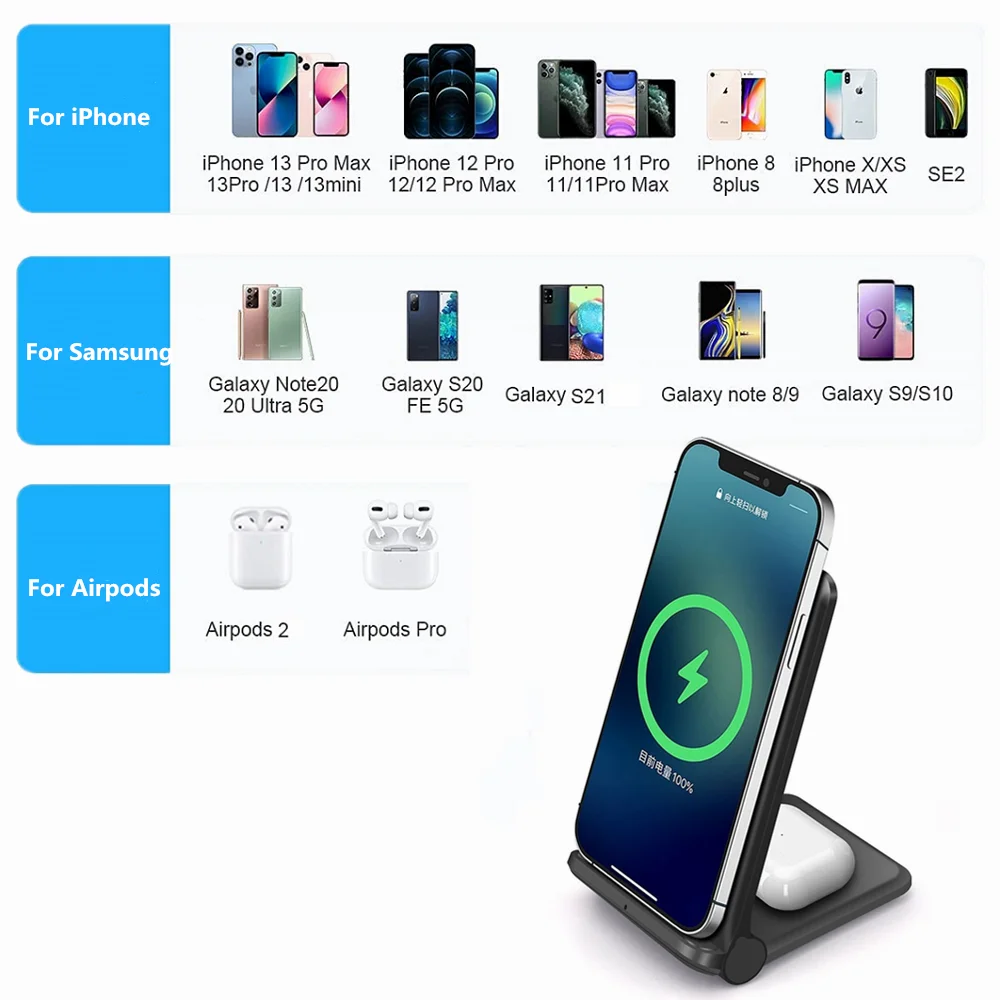 20w qi wireless charger stand 2 in 1 fast charging station for iphone 13 12 11 xs xr x 8 airpods pro samsung s21 s20 s10 buds free global shipping