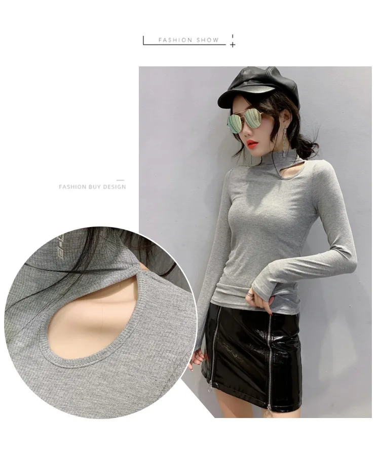 

Spring Fall European Clothes Cotton T-Shirt Fashion Solid Sexy Women Tops Turtleneck Hollow Out Long Sleeve Tees 2021 T17420A