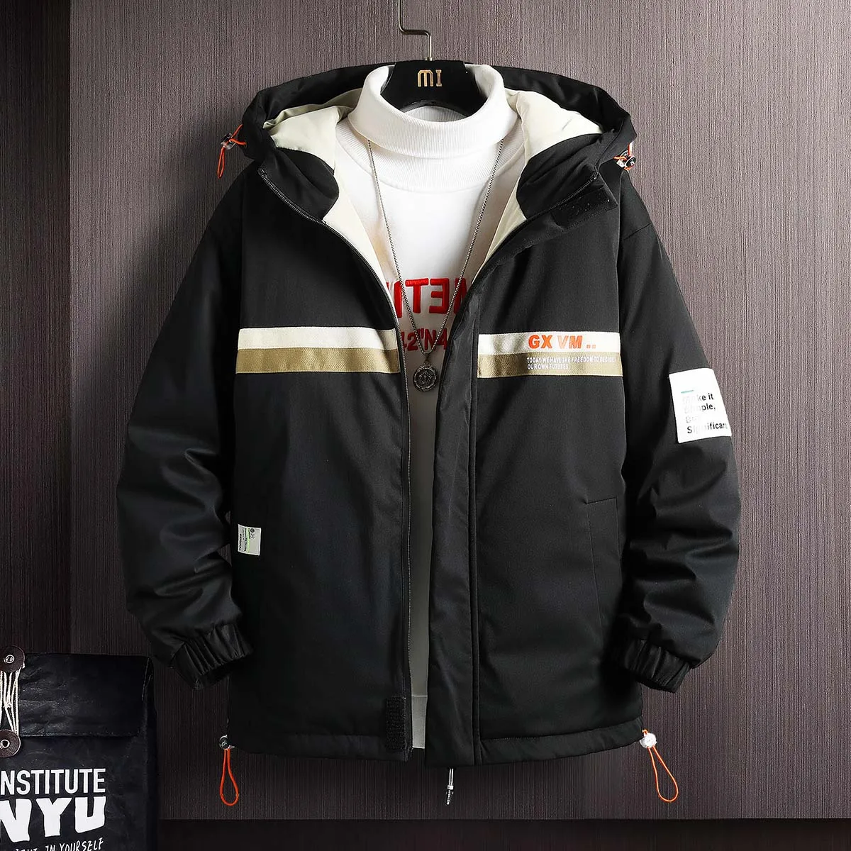 Hooded Warm Jacket Men 2021 Winter Fleece Windbreaker Patchwork Zipper Coat Japanese Streetwear Harajuku Grey Jackets