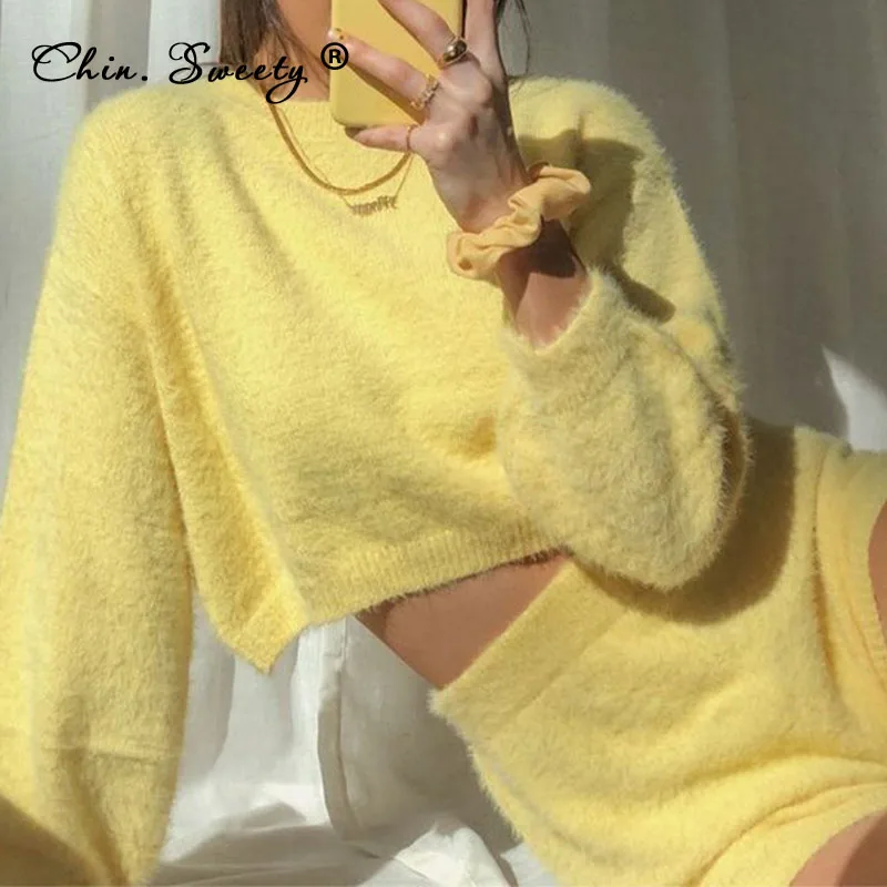 

Женский однотонный трикотажный костюм из пуловера и шортов, укороченный свитер с длинным рукавом, комплект из 2 предметов, Милые простые офи...