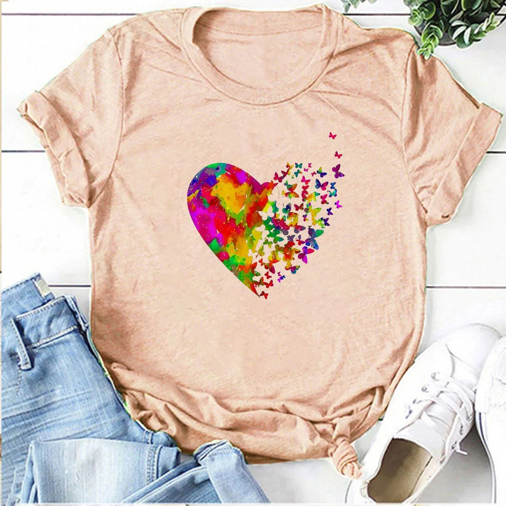 Новинка 2021 женские футболки Милая футболка с принтом бабочки сердца одежда для