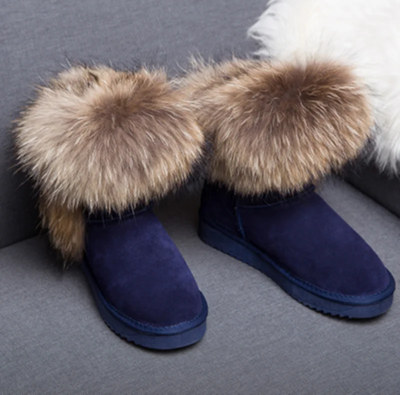 dark blue fox fur G& Zaco/Роскошные зимние ботинки с натуральным лисьим мехом; женские ботинки из натуральной кожи; Средний теленок; водонепроницаемые ботинки из коровьей кожи с натуральным мехом - Цвет: dark blue fox fur