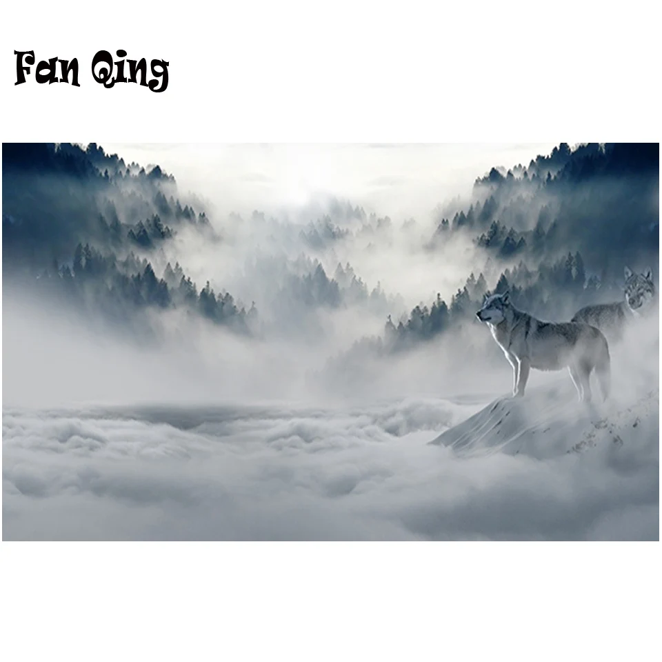 

Алмазная 5D картина «сделай сам», полноразмерная мозаика с изображением плотного леса, тумана, волка, круга, стразы, мозаика для домашнего де...