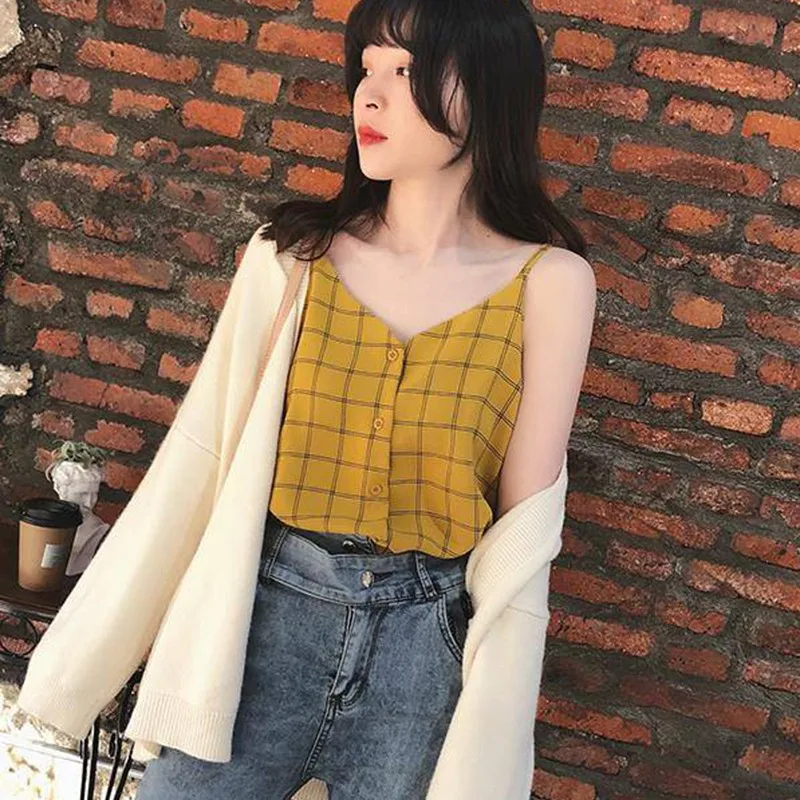 Женский Свободный укороченный топ Модный повседневный клетчатый Топ без рукавов