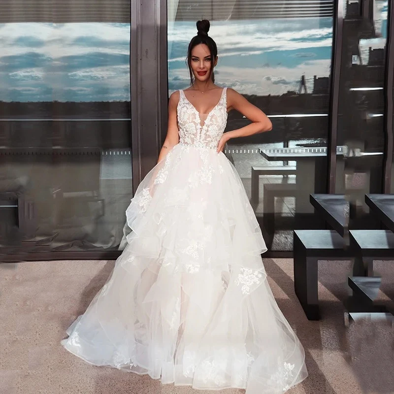 

Sexy V-Neck Bead Appliques Lace Backless Ruffles Tulle A-Line Wedding Dress Bridal Gowns Robes De Mariées Vestidos De Novia