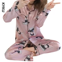 2021 silk satin pajamas set woman printed long sleeve sleepwear pijamas suit female homewear two piece loungewear pjs plus size