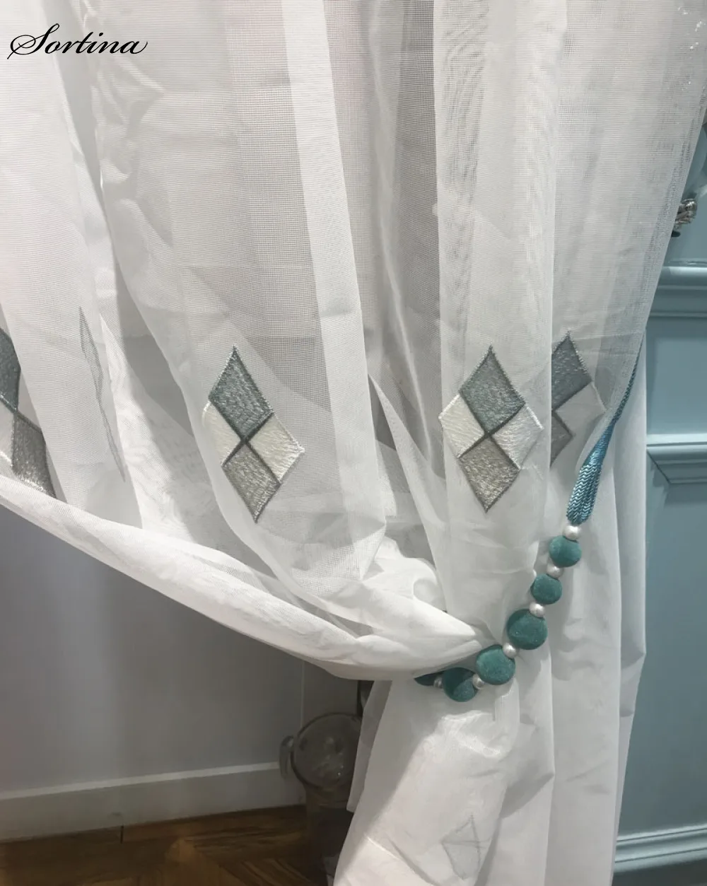 

Room Window White Tulle Curtains Short Ready for Bedroom Geometric patterns Embroidered Window Curtain Door Roman Diamond Drapes
