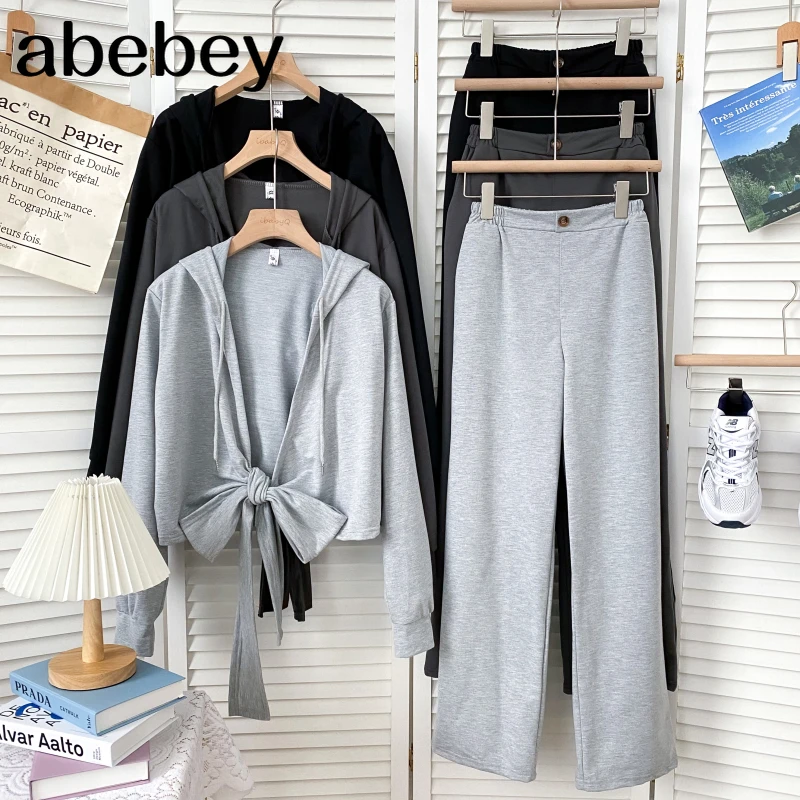 

Fashion hooded collar long sleeve bow lace up Hoodie Top + high waist casual wide leg Pants two-piece set 2022 New Spring Autumn