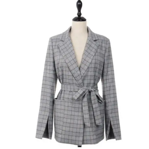 Новинка 2020 Осенний Женский блейзер серого цвета в клетку для офиса винтажный с