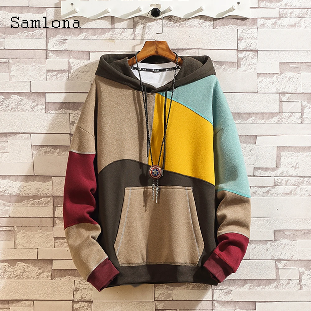 

Samlona Men Harajuku Sweatshirt 2021 Spring Autumn New Patchwork Hoodie Sweatshirt Mens Casual Top Pullovers Man Plus Size S-5XL
