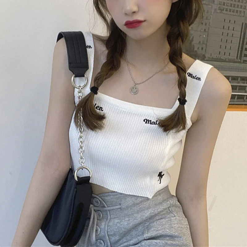 

Женский трикотажный жилет с вышивкой в Корейском стиле, Весенняя облегающая короткая рубашка на бретельках