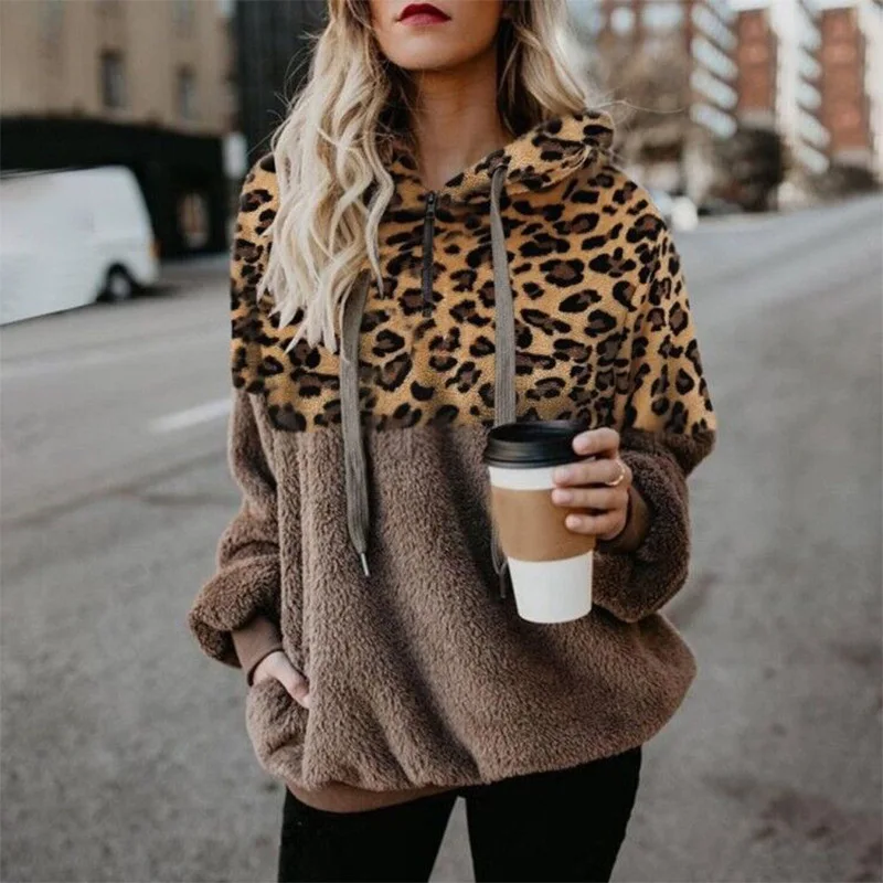 

Leopard Splicing Hoodies Woman Plush Long Sleeve Draw String Sexy Pullover Female 2021 Autumn Winter Zipper Pocket Ladies Tops