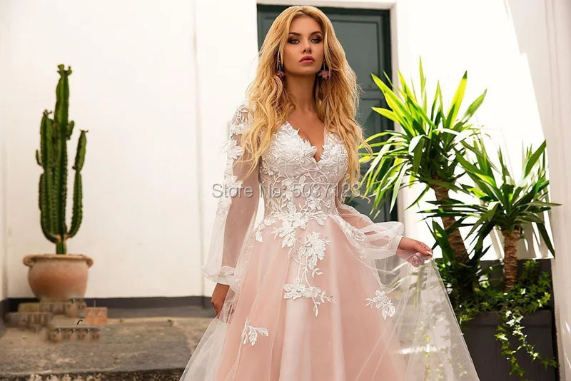 Pink Long Sleeves A Line Wedding Dresses Lace Appliques V Neck Bridal Gowns Court Train Vestido De Noiva Back Button | Свадьбы и