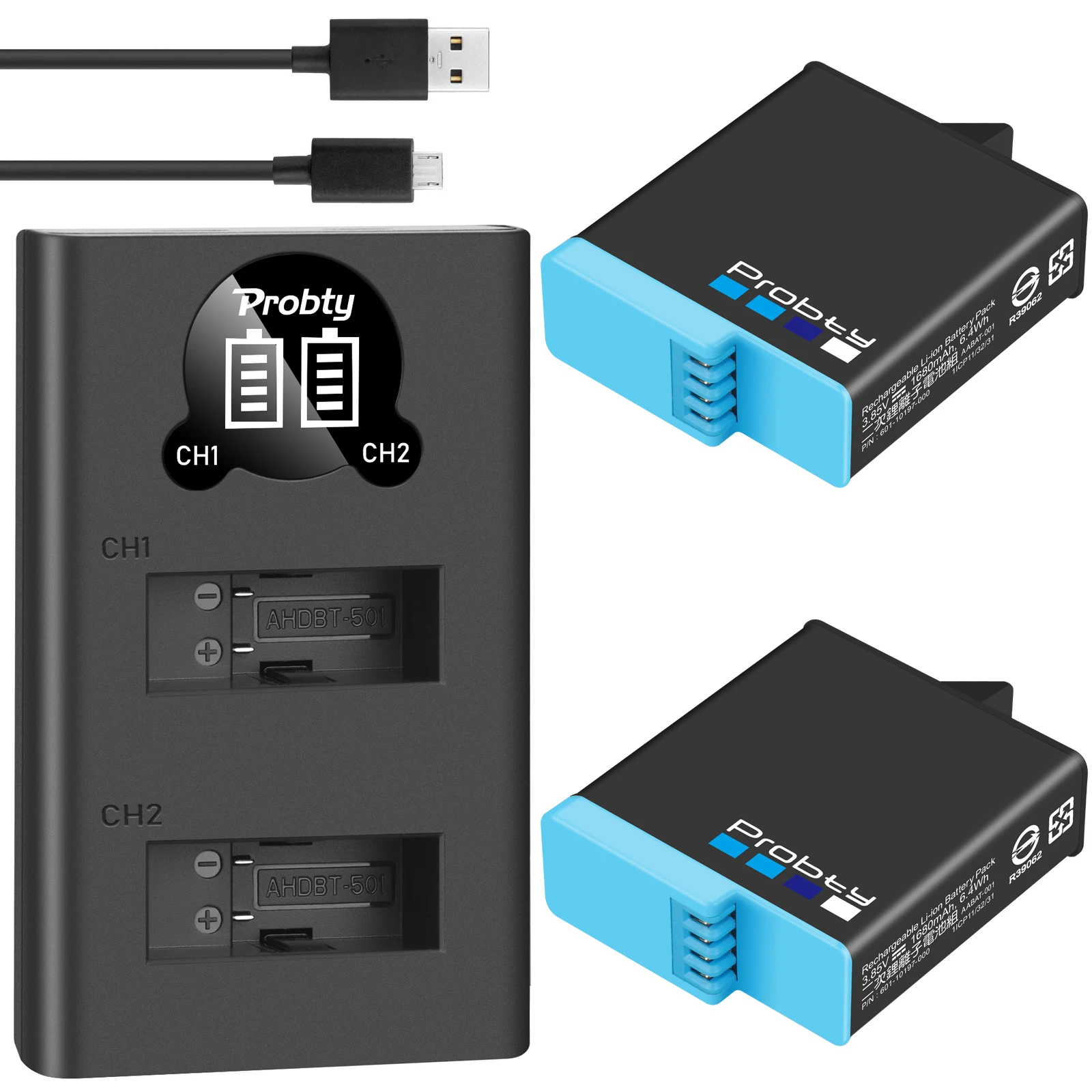 

original Probty For Gopro Hero 8 3PACK Battery 2 Slot Charger Kit Storage Box Charger for Gopro Hero 8 7 Black Hero 6