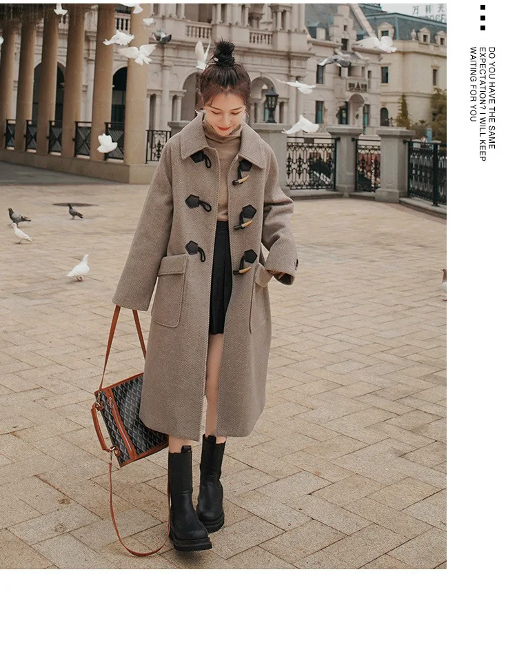

2020 Fashion Horn Button Horn Button Woolen Jacket Coat Vintage Long Sleeve Female Outerwear Chic Overcoat