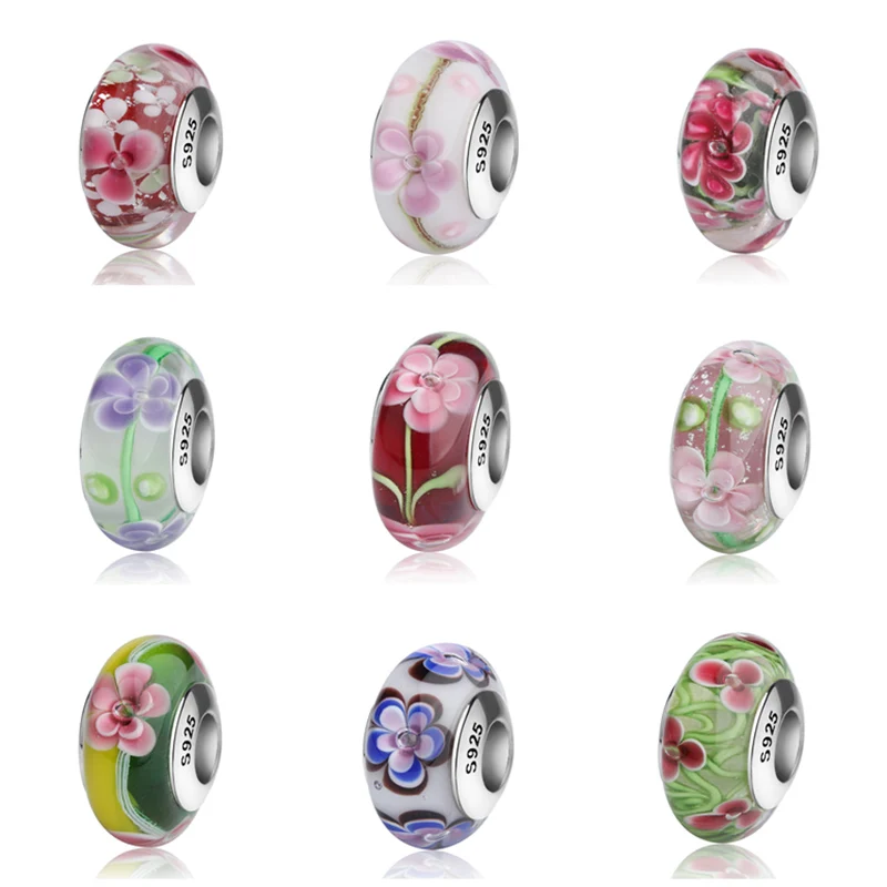 SG AliExpress бусины из муранского стекла, Стерлинговое Серебро, 925, сделай сам, Цветные Цветочные Подвески, подходят для оригинальных браслетов pandora, ювелирные изделия для подарка