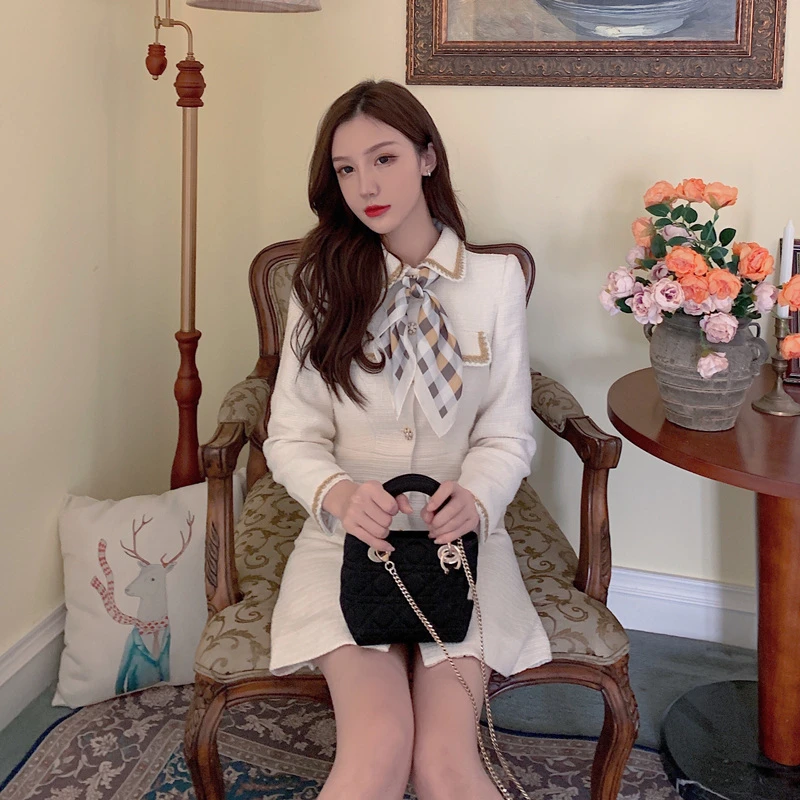 

New Autumn Chic Buttons Tweed Dress Women England Style Female Elegant Single-Breasted Woolen Mini Dress Ladies Office Vestidos