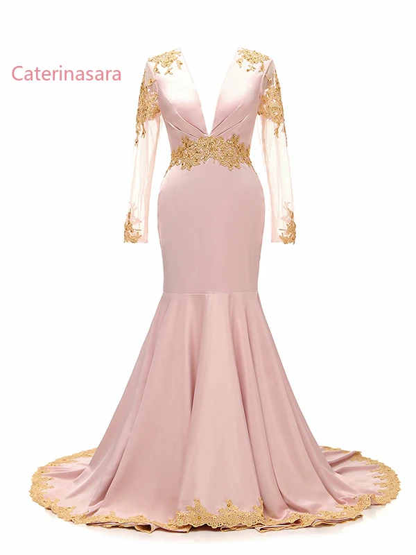 

V-Neck Mermaid Evening Dresses 2021 Backless Lace Appliques Long Sleeves Formal Party Wear Sweep Train Long Prom Dress Plus Size