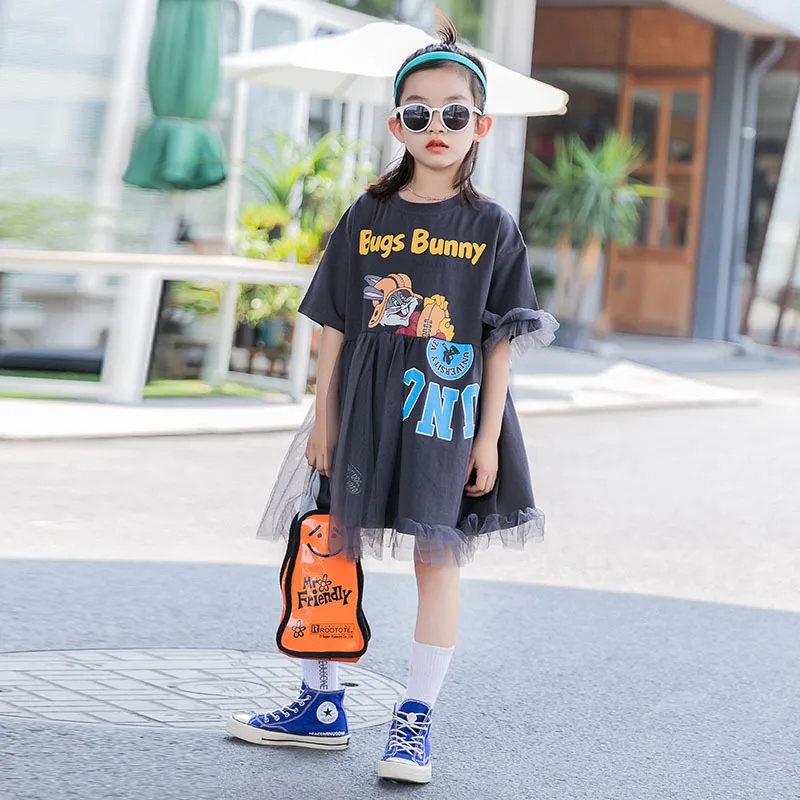 

Детские платья для девочек, Сетчатое лоскутное модное летнее платье для девочек с мультяшным рисунком, новинка 2020, детская одежда в Корейск...