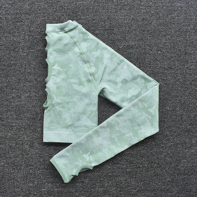 GreenShirts Комплект для йоги, Женская бесшовная одежда для фитнеса, бюстгальтер для йоги, спортивные топы с длинными рукавами, камуфляжные леггинсы для спортзала, штаны, костюм для тренировок, спортивная одежда - Цвет: GreenShirts