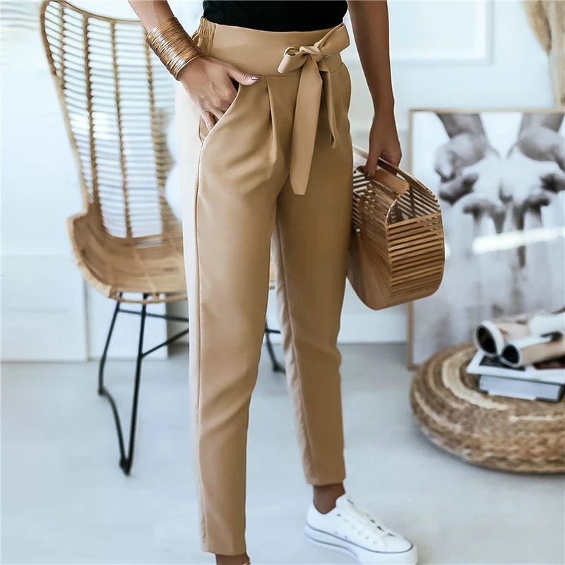 

England Style Women Summer Solid Color Pencil Pants Bandage Design Pockets Decor High Waist Slim Hips Trousers For Streetwear