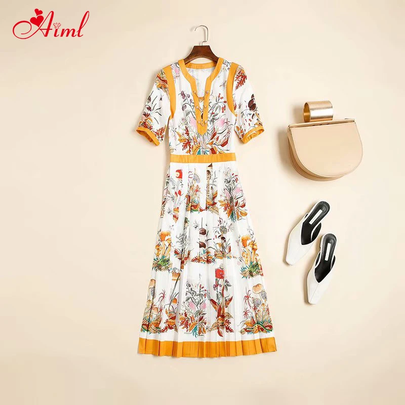 

2020 Summer Fashion Designer Female Elegant Pleated Dress Short sleeve Flower Print High Quality Midi Female Banquet Dresses