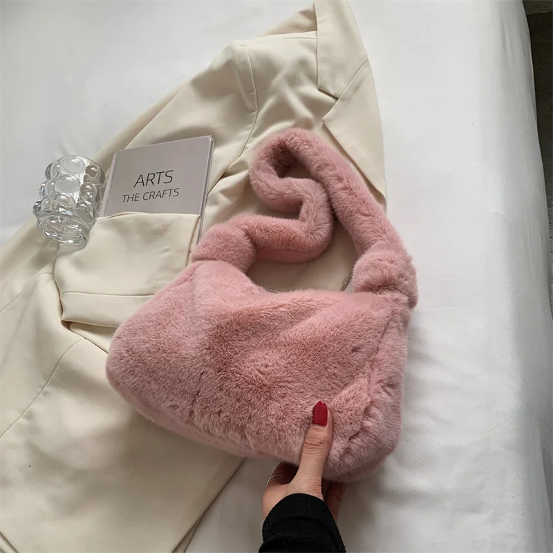 

5 PCS Winter Trend Plush Small Women's Underarm Shoulder Bag Retro Luxury Ladies Purse Handbag Female Solid Color Shopper Tote
