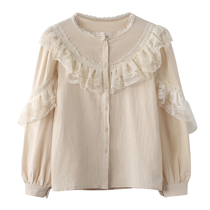 

Elegant Ladies Stand Collar Top Lace Cotton Linen Shirt Women's Long Sleeve Lace Button Wave Edge Slim Top Women's Plus Size
