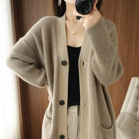 sweater jacket womens cardigan mid length 100 pure wool autumn and winter thickening v neck knitted outer tower lazy wind coat