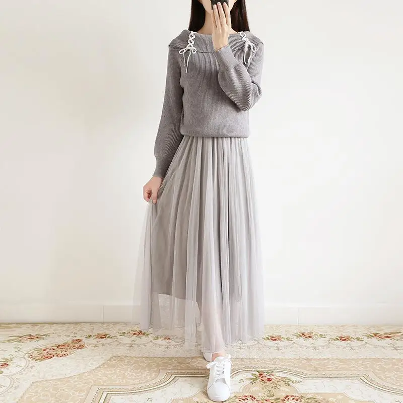

2021 New Early Spring Autumn Retro Sweater Net Yarn Long Skirt Suit Elegant High Waist 4 Colors Knitted Two-piece Dress Y467