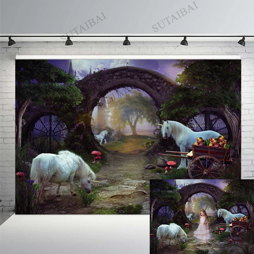 

Fairy Tale Unicorn Forest Castle Arch Door Mushrooms Backgrounds High Quality Computer Print Princess Children Portrait Backdrop