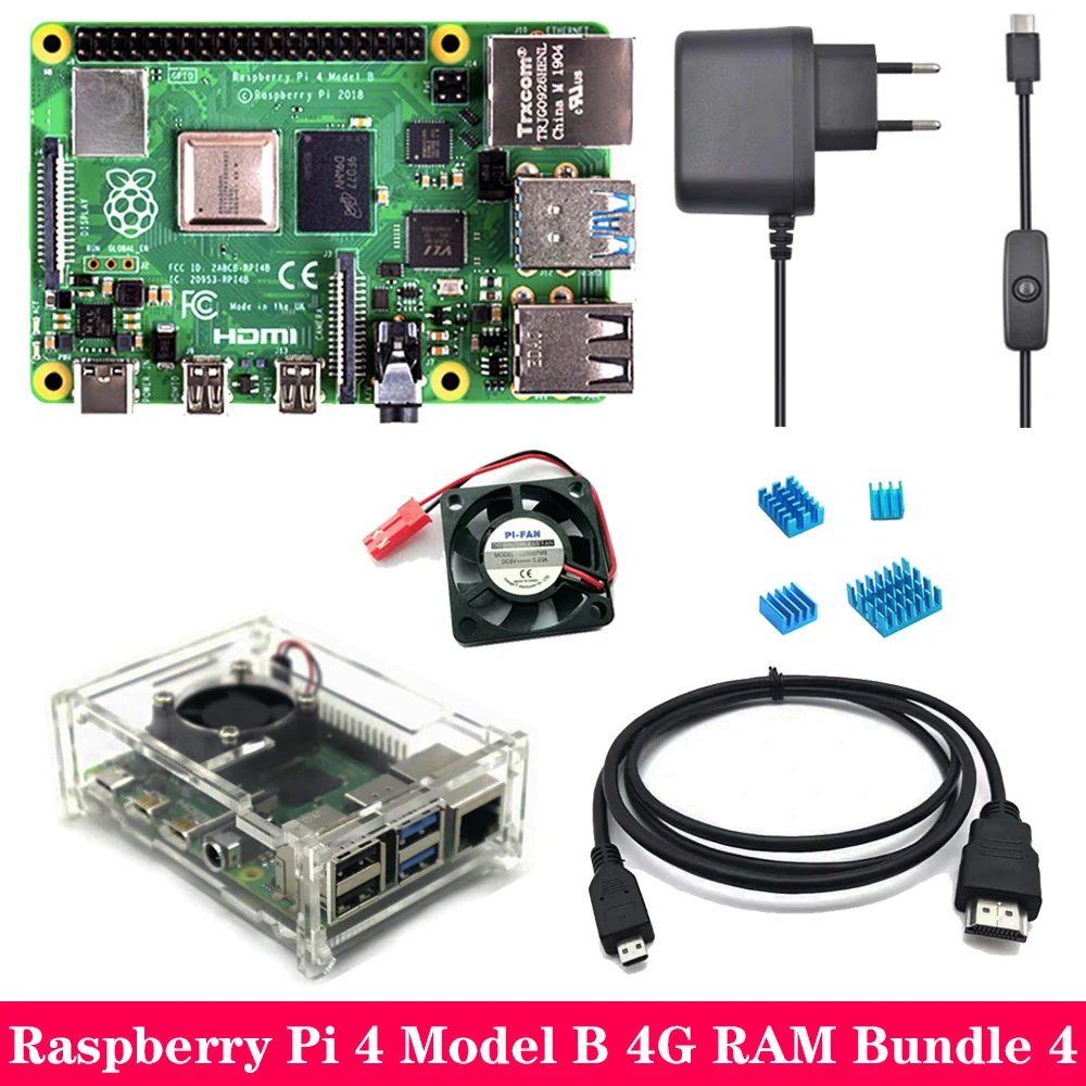 Комплект 4 Raspberry Pi 4, 2 ГБ, 4 Гб ОЗУ, акриловый чехол, адаптер питания, алюминиевый радиатор для Raspberry Pi 4, Модель B, Pi4, 4B - Комплект: Комплект 4