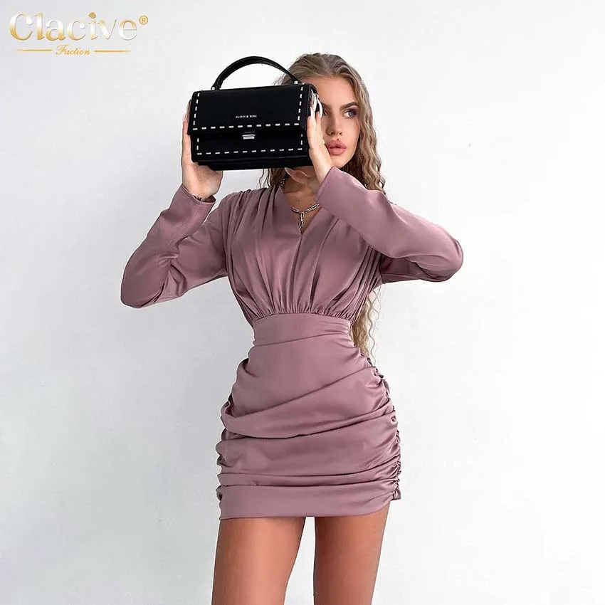 

Clacive Sexy V-Neck Pink Satin Party Dresses Ladies Elegant Slim Long Sleeve Mini Dress Bodycon Ruched Women Dress